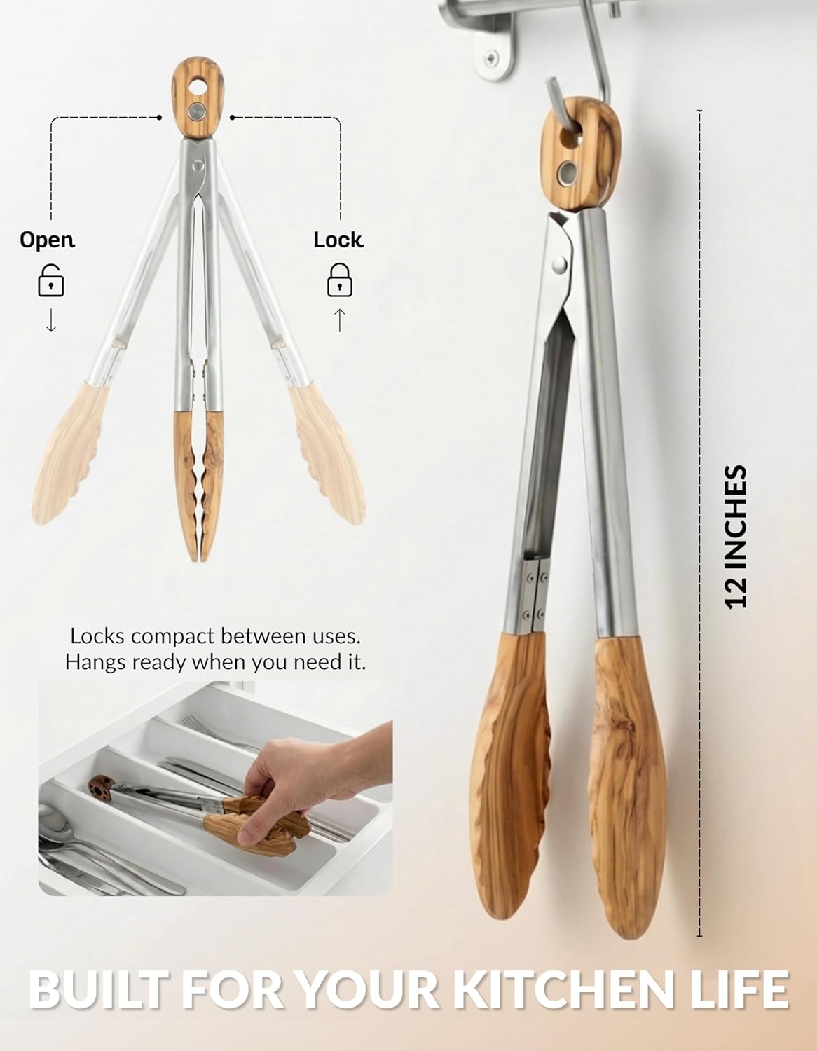 9 Inch Tongs for Cooking with Wooden Tips - Nonstick Kitchen Tongs for Serving Food, Cooking, BBQ and Tossing Salad - Made of Walnut Wood