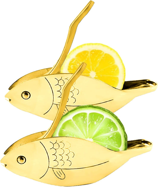 Fish Shape Lemon Squeezer, Stainless Steel Manual Lemon Juicer, Portable Lime Citrus, Heavy Duty Manual Squeeze Hand Press Juice for Cocktails Drinks Cooking (Gold)