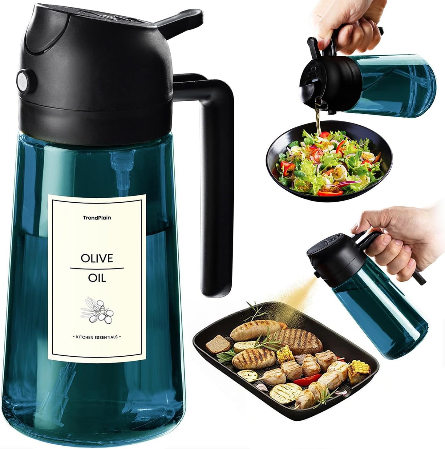 16oz/470ml Blue Glass Olive Oil Sprayer for Cooking - 2 in 1 Olive Oil Dispenser for Kitchen Gadgets, Air Fryer, Salad, and BBQ - Black