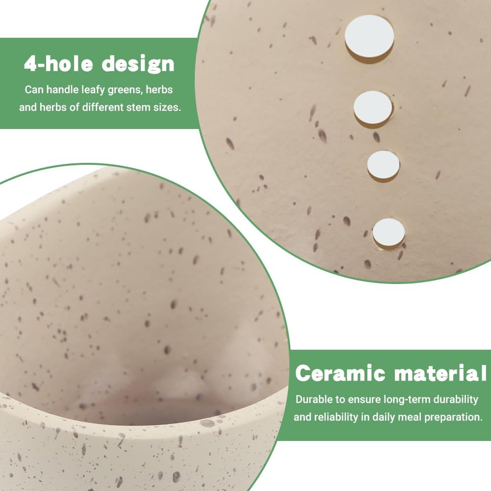 Pottery Herb Stripper Bowl, Handmade Herb Stripper Ceramic Bowl with 4-Slot Different Hole Sizes for Kale, Herbs & Broccoli, Efficient Peeling Off the Leafy Assembly(White)