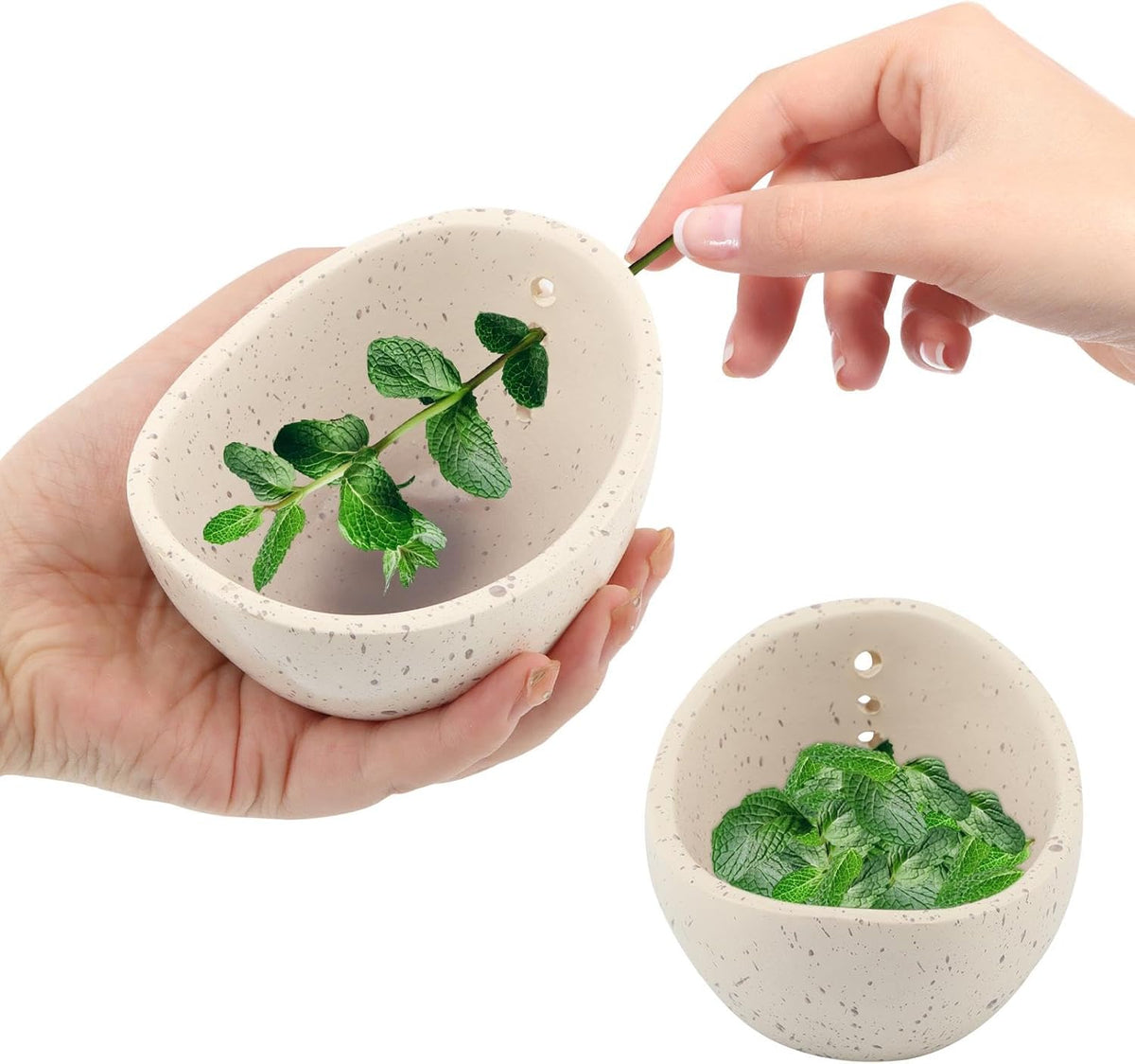 Pottery Herb Stripper Bowl, Handmade Herb Stripper Ceramic Bowl with 4-Slot Different Hole Sizes for Kale, Herbs & Broccoli, Efficient Peeling Off the Leafy Assembly(White)
