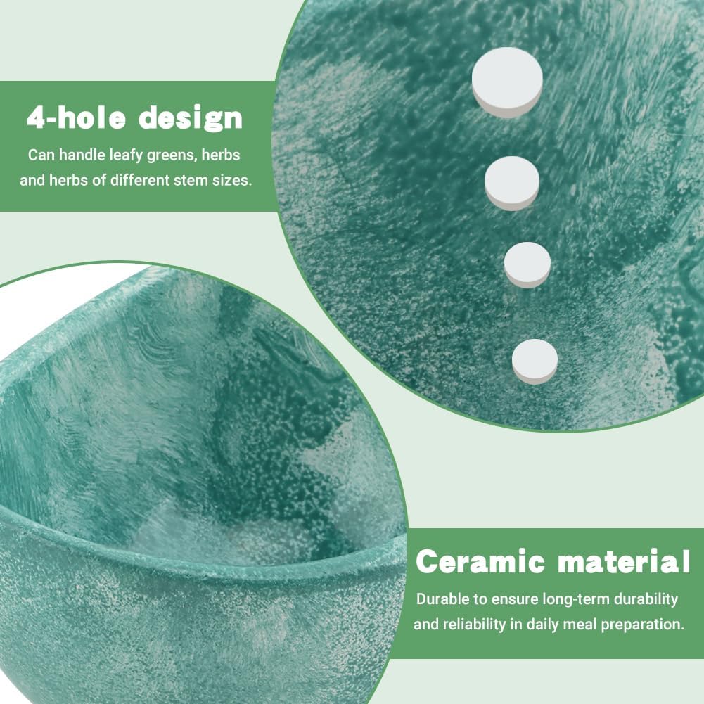 Pottery Herb Stripper Bowl, Handmade Herb Stripper Ceramic Bowl with 4-Slot Different Hole Sizes for Kale, Herbs & Broccoli, Efficient Peeling Off the Leafy Assembly(White)