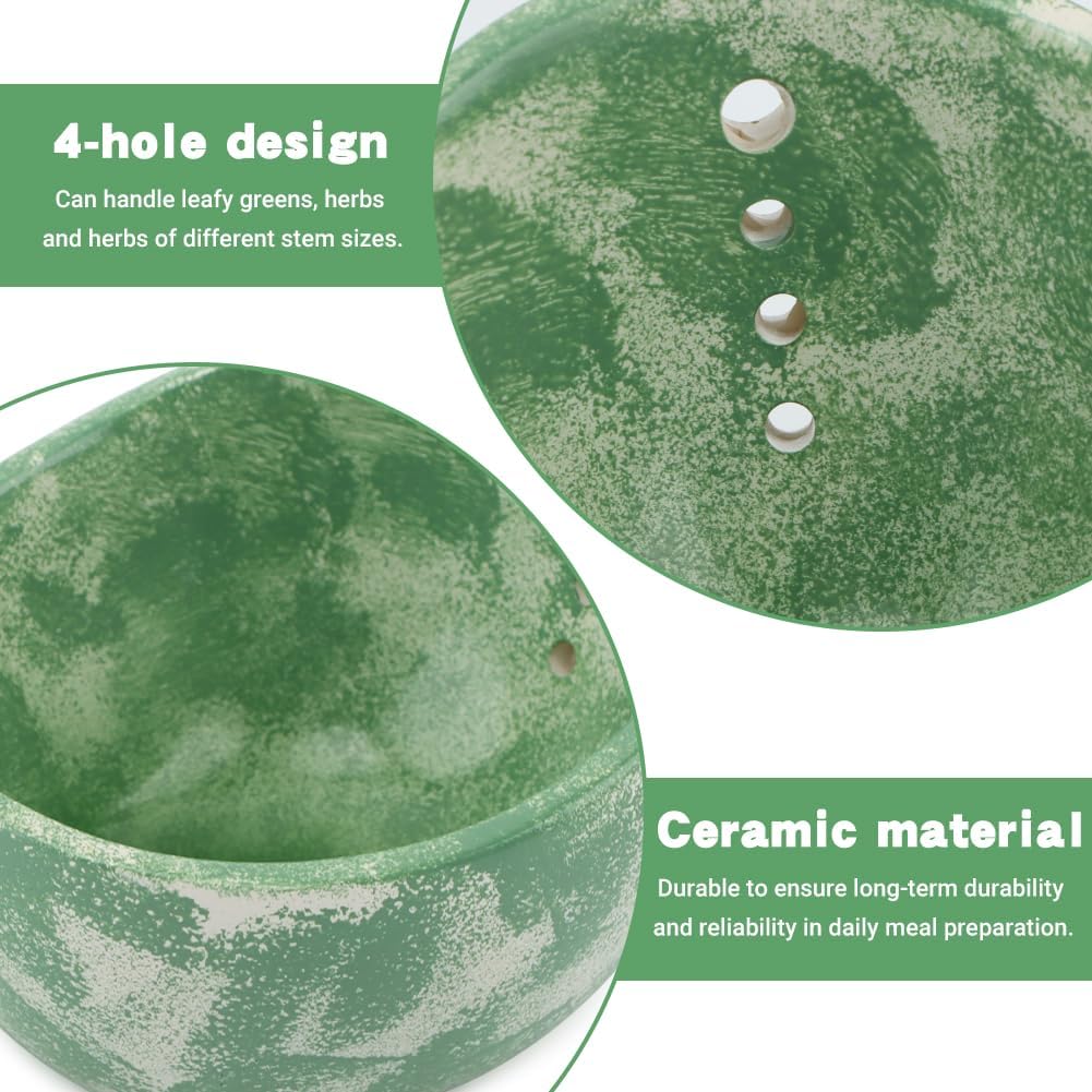 Pottery Herb Stripper Bowl, Handmade Herb Stripper Ceramic Bowl with 4-Slot Different Hole Sizes for Kale, Herbs & Broccoli, Efficient Peeling Off the Leafy Assembly(White)