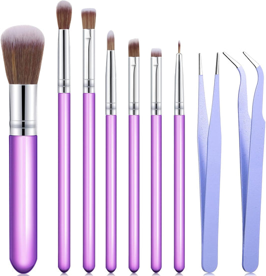 10 Pieces Cake Candy Decorating Brushes Tools Cookie Decoration Brushes Pastry Brush and Stainless Steel Straight and Curved Tip Tweezers Pasta Tweezers for Baking Fondant (Purple Color)