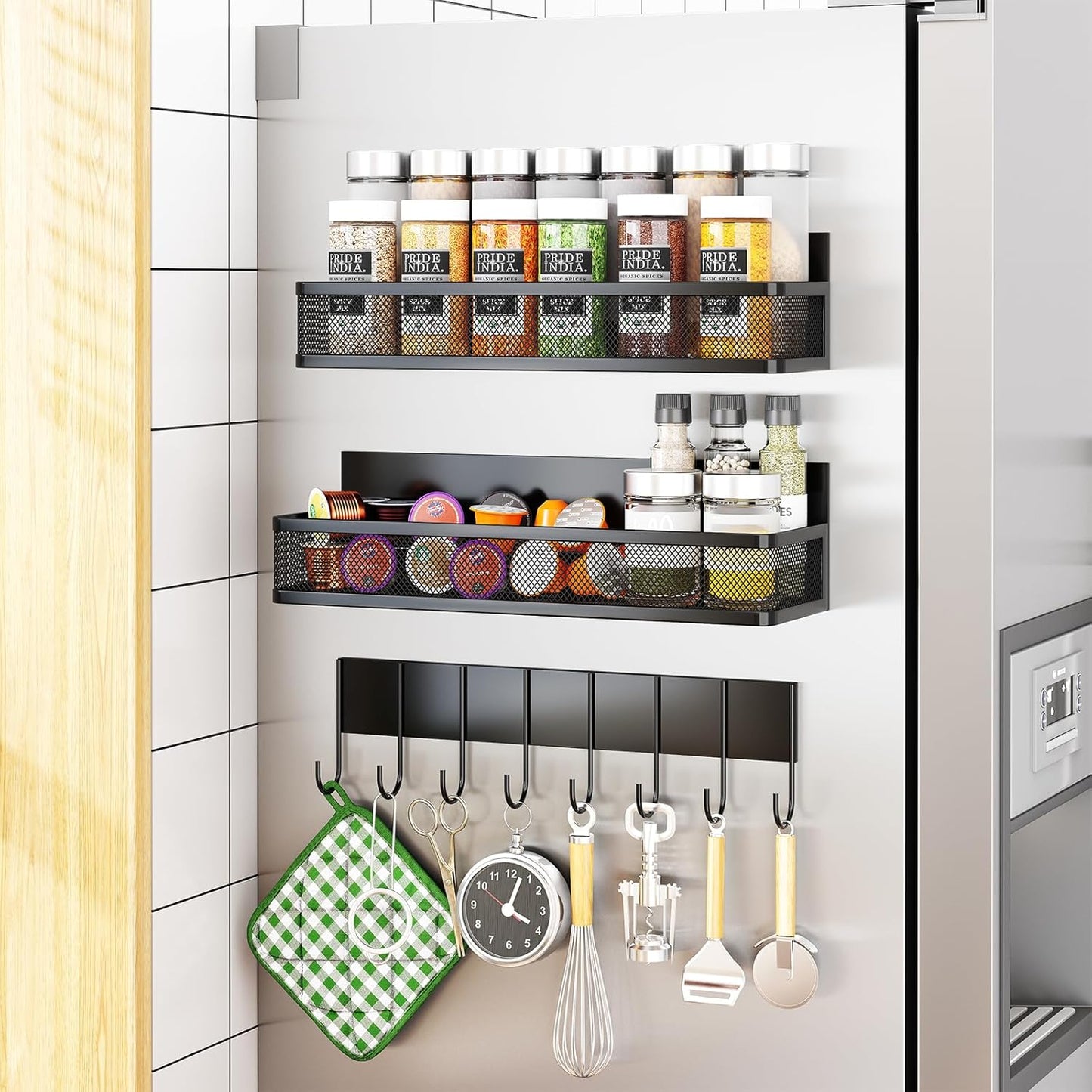Magnetic Spice Rack for Refrigerator, 2 Pack Magnetic Shelf, Fridge Magnet Organizer with Moveable 4 Hooks, Magnetic Fridge Shelf for Kitchen Organization and Storage (2 Pack)