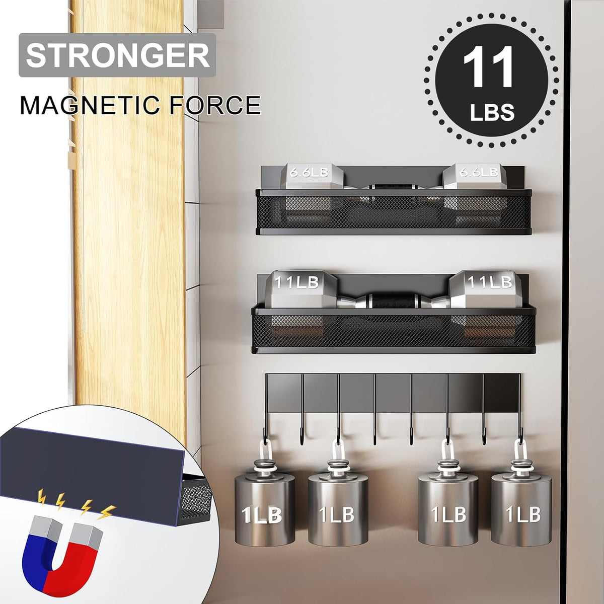 Magnetic Spice Rack for Refrigerator, 2 Pack Magnetic Shelf, Fridge Magnet Organizer with Moveable 4 Hooks, Magnetic Fridge Shelf for Kitchen Organization and Storage (2 Pack)