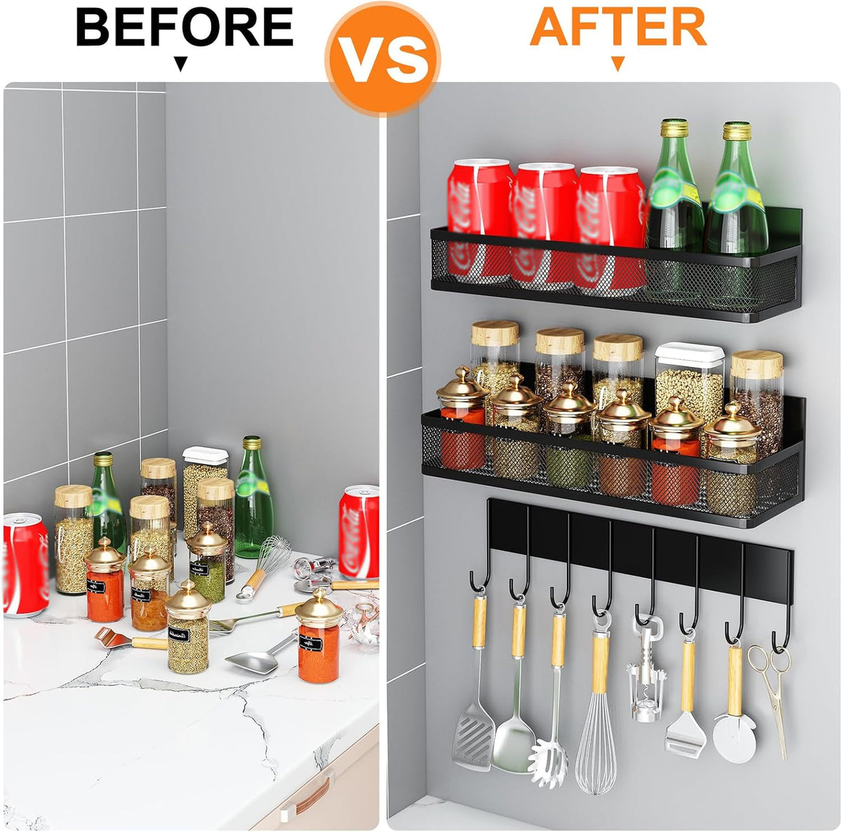 Magnetic Spice Rack for Refrigerator, 2 Pack Magnetic Shelf, Fridge Magnet Organizer with Moveable 4 Hooks, Magnetic Fridge Shelf for Kitchen Organization and Storage (2 Pack)