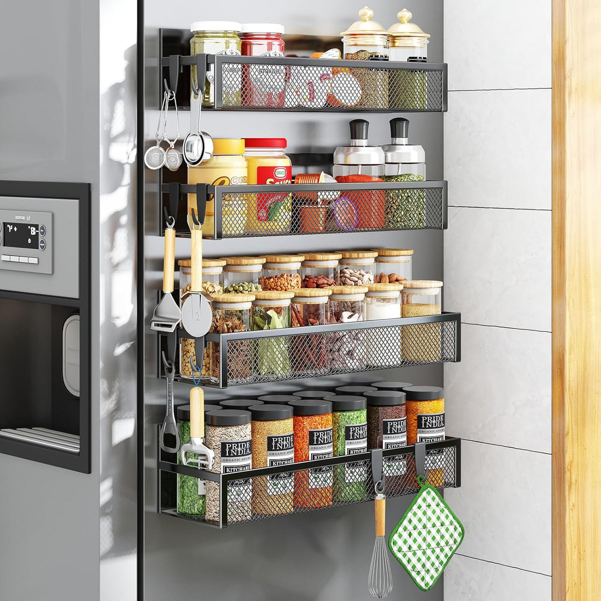 Magnetic Spice Rack for Refrigerator, 2 Pack Magnetic Shelf, Fridge Magnet Organizer with Moveable 4 Hooks, Magnetic Fridge Shelf for Kitchen Organization and Storage (2 Pack)