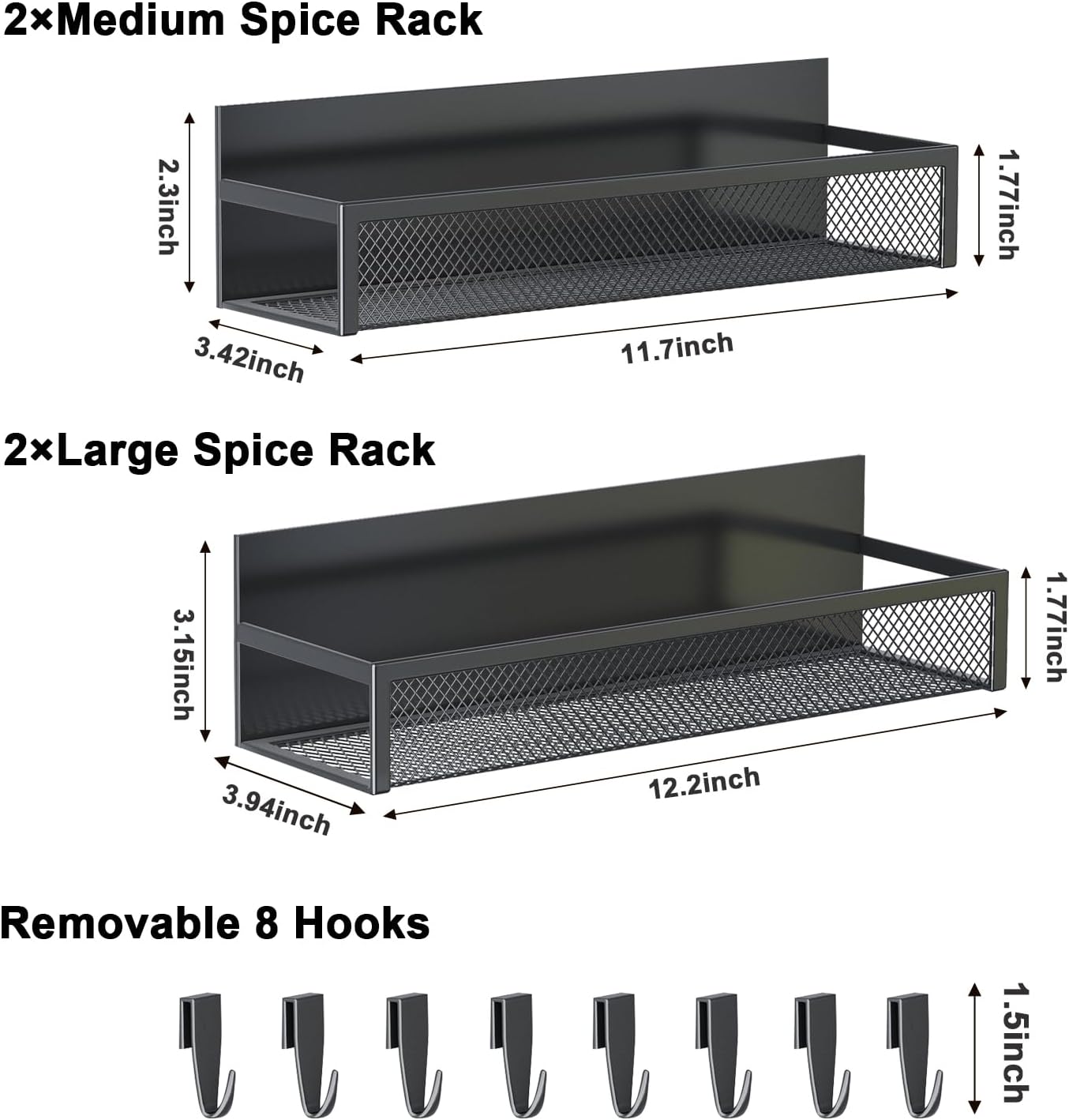 Magnetic Spice Rack for Refrigerator, 2 Pack Magnetic Shelf, Fridge Magnet Organizer with Moveable 4 Hooks, Magnetic Fridge Shelf for Kitchen Organization and Storage (2 Pack)