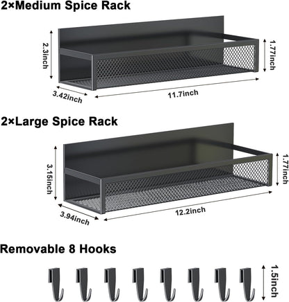 Magnetic Spice Rack for Refrigerator, 2 Pack Magnetic Shelf, Fridge Magnet Organizer with Moveable 4 Hooks, Magnetic Fridge Shelf for Kitchen Organization and Storage (2 Pack)