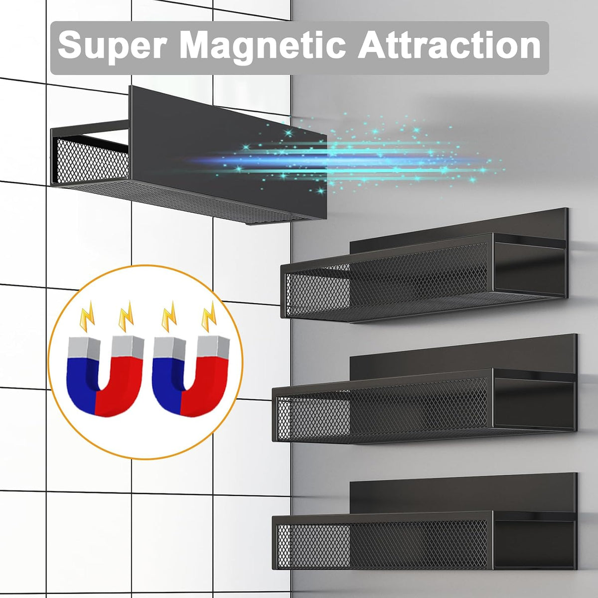 Magnetic Spice Rack for Refrigerator, 2 Pack Magnetic Shelf, Fridge Magnet Organizer with Moveable 4 Hooks, Magnetic Fridge Shelf for Kitchen Organization and Storage (2 Pack)
