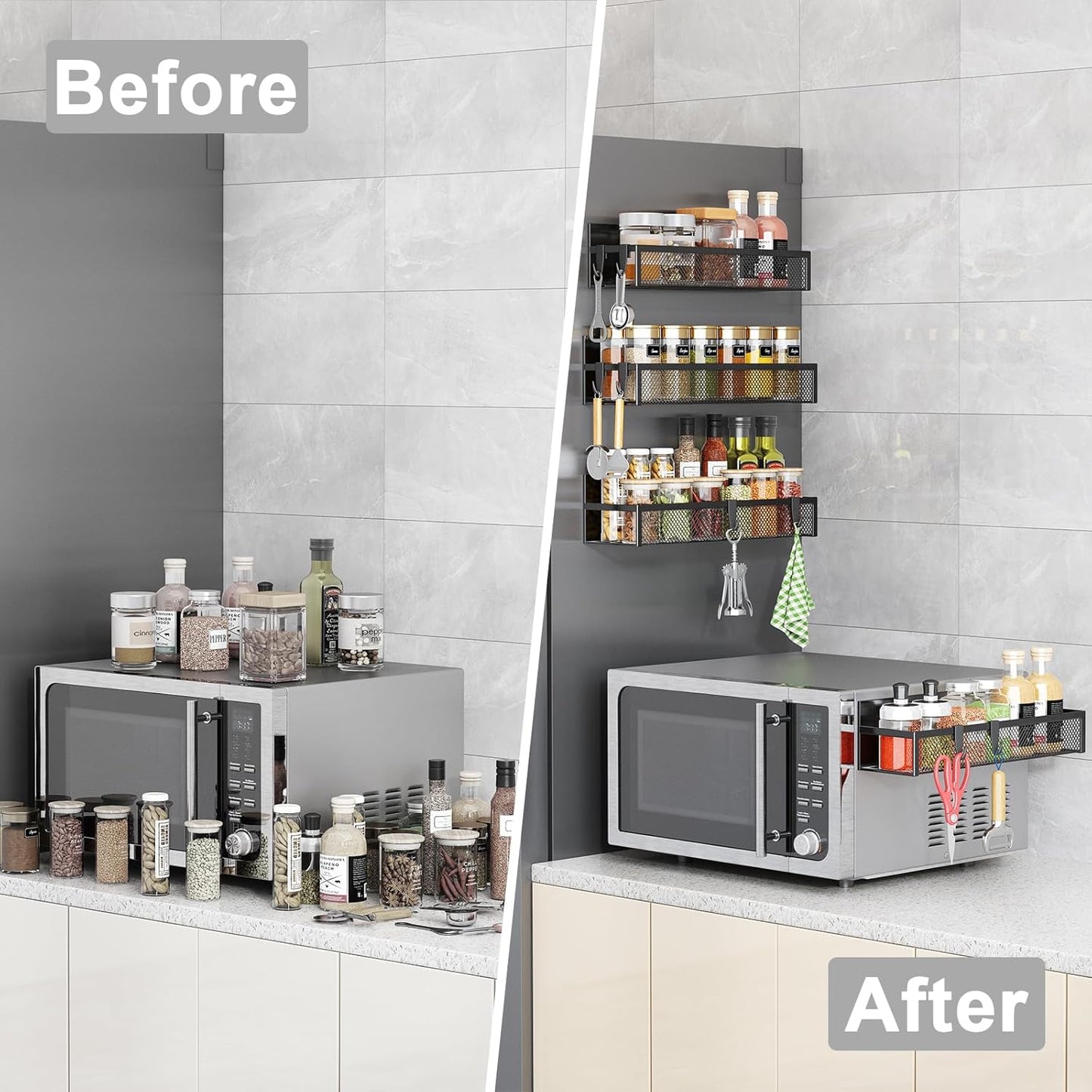 Magnetic Spice Rack for Refrigerator, 2 Pack Magnetic Shelf, Fridge Magnet Organizer with Moveable 4 Hooks, Magnetic Fridge Shelf for Kitchen Organization and Storage (2 Pack)