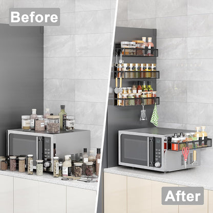 Magnetic Spice Rack for Refrigerator, 2 Pack Magnetic Shelf, Fridge Magnet Organizer with Moveable 4 Hooks, Magnetic Fridge Shelf for Kitchen Organization and Storage (2 Pack)