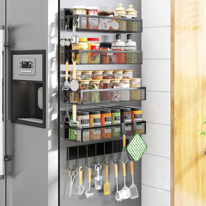 Magnetic Spice Rack for Refrigerator, 2 Pack Magnetic Shelf, Fridge Magnet Organizer with Moveable 4 Hooks, Magnetic Fridge Shelf for Kitchen Organization and Storage (2 Pack)