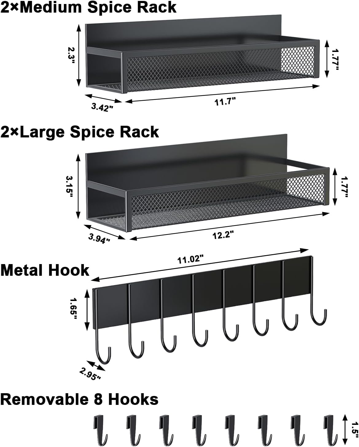 Magnetic Spice Rack for Refrigerator, 2 Pack Magnetic Shelf, Fridge Magnet Organizer with Moveable 4 Hooks, Magnetic Fridge Shelf for Kitchen Organization and Storage (2 Pack)