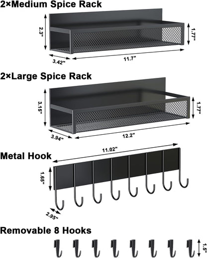 Magnetic Spice Rack for Refrigerator, 2 Pack Magnetic Shelf, Fridge Magnet Organizer with Moveable 4 Hooks, Magnetic Fridge Shelf for Kitchen Organization and Storage (2 Pack)