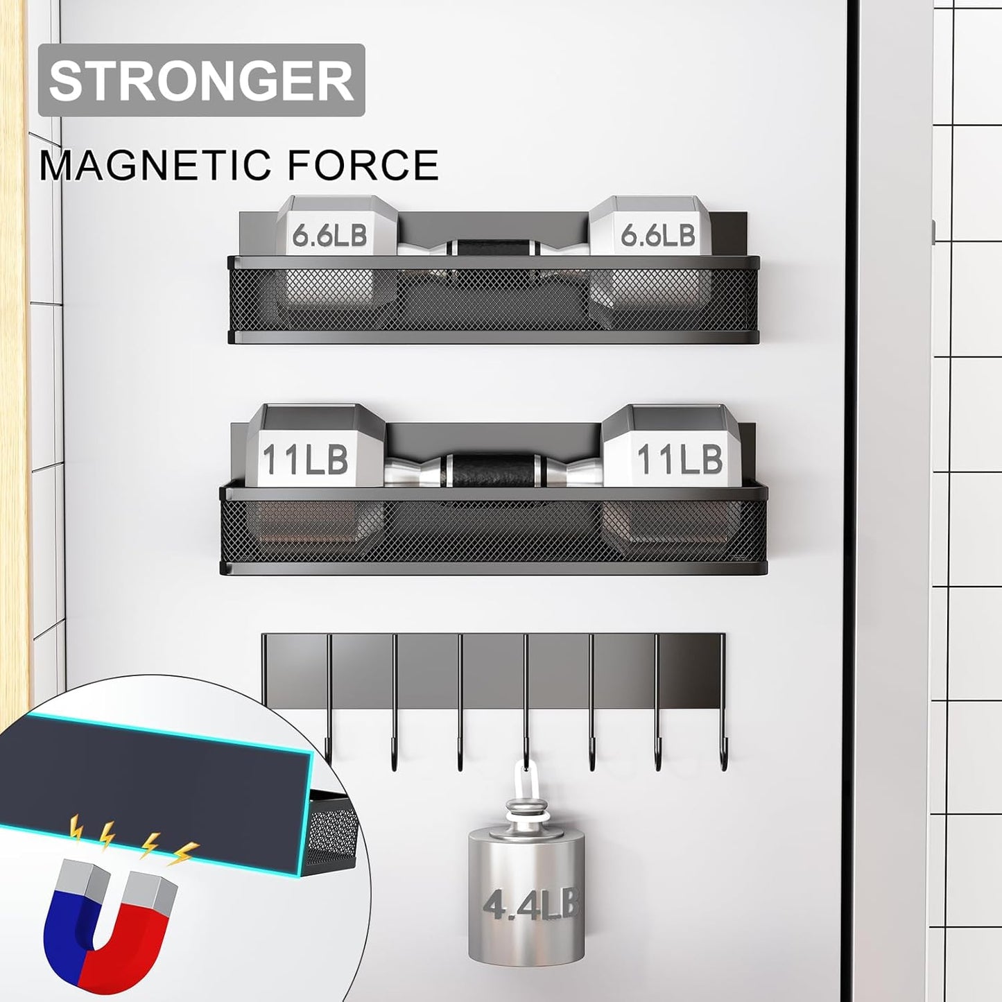 Magnetic Spice Rack for Refrigerator, 2 Pack Magnetic Shelf, Fridge Magnet Organizer with Moveable 4 Hooks, Magnetic Fridge Shelf for Kitchen Organization and Storage (2 Pack)