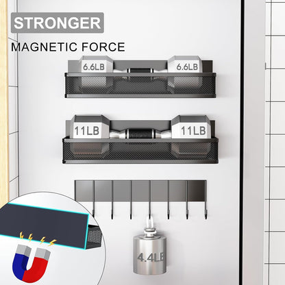 Magnetic Spice Rack for Refrigerator, 2 Pack Magnetic Shelf, Fridge Magnet Organizer with Moveable 4 Hooks, Magnetic Fridge Shelf for Kitchen Organization and Storage (2 Pack)
