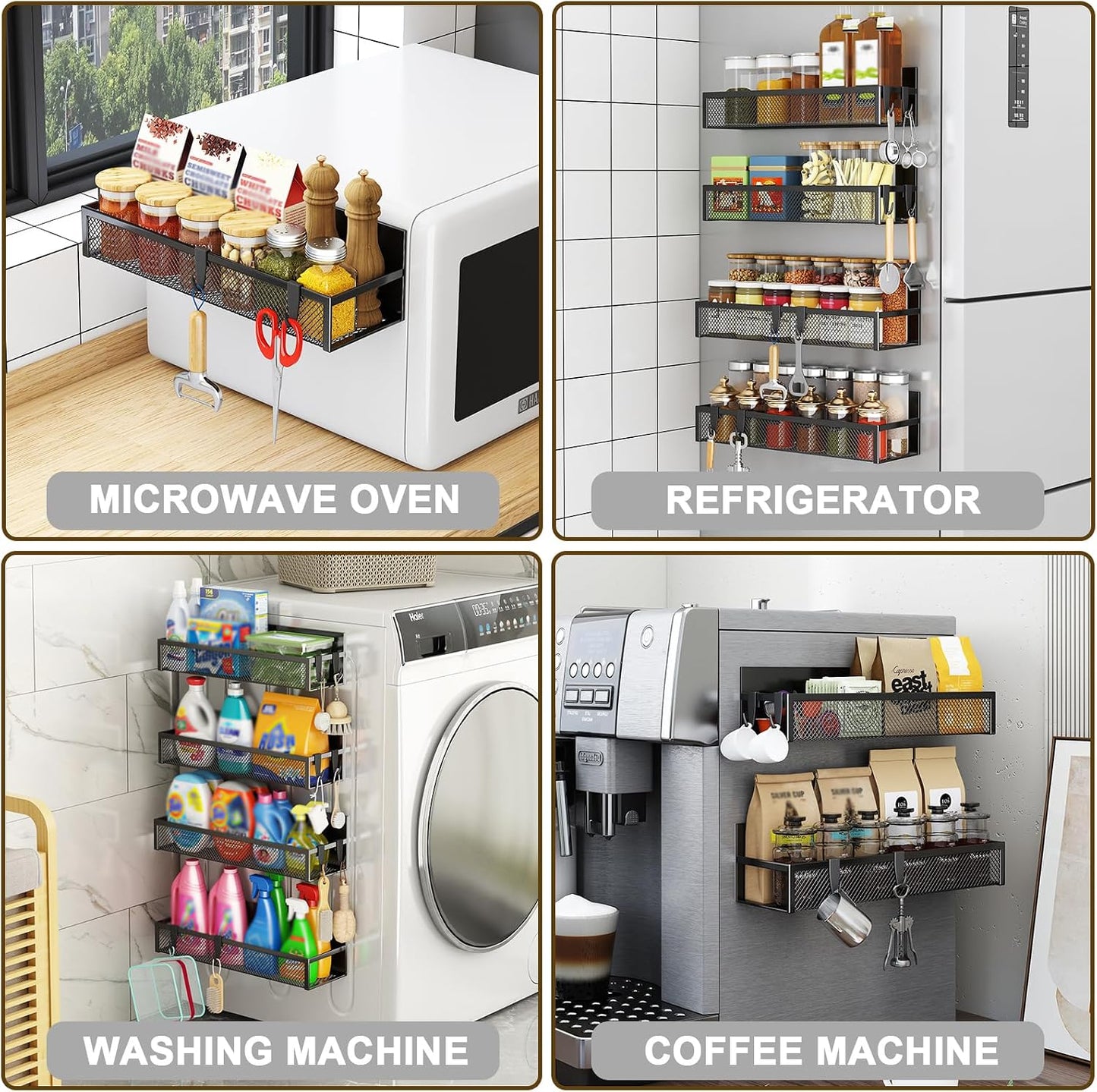 Magnetic Spice Rack for Refrigerator, 2 Pack Magnetic Shelf, Fridge Magnet Organizer with Moveable 4 Hooks, Magnetic Fridge Shelf for Kitchen Organization and Storage (2 Pack)