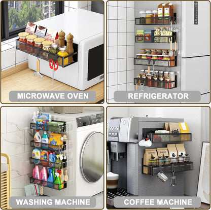 Magnetic Spice Rack for Refrigerator, 2 Pack Magnetic Shelf, Fridge Magnet Organizer with Moveable 4 Hooks, Magnetic Fridge Shelf for Kitchen Organization and Storage (2 Pack)