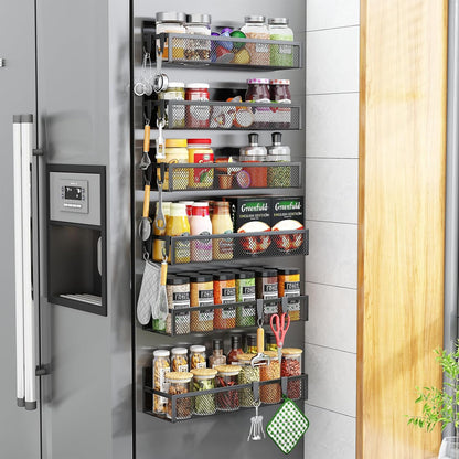 Magnetic Spice Rack for Refrigerator, 2 Pack Magnetic Shelf, Fridge Magnet Organizer with Moveable 4 Hooks, Magnetic Fridge Shelf for Kitchen Organization and Storage (2 Pack)