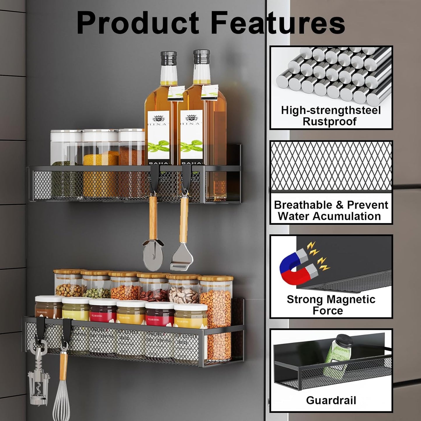 Magnetic Spice Rack for Refrigerator, 2 Pack Magnetic Shelf, Fridge Magnet Organizer with Moveable 4 Hooks, Magnetic Fridge Shelf for Kitchen Organization and Storage (2 Pack)