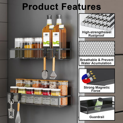 Magnetic Spice Rack for Refrigerator, 2 Pack Magnetic Shelf, Fridge Magnet Organizer with Moveable 4 Hooks, Magnetic Fridge Shelf for Kitchen Organization and Storage (2 Pack)