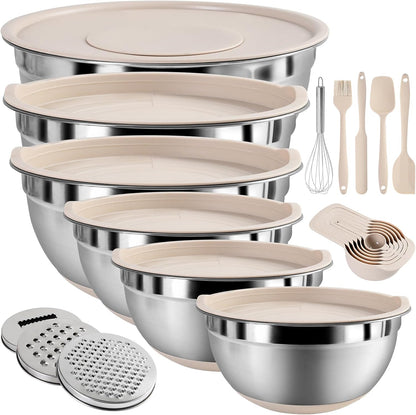 Mixing Bowls with Airtight Lids Set, Non-Slip Silicone Bottoms, Khaki