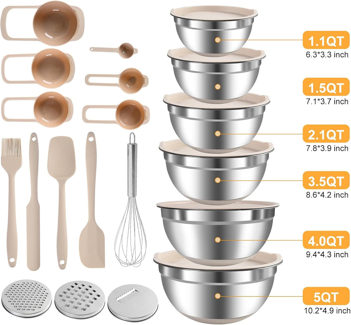 Mixing Bowls with Airtight Lids Set, Non-Slip Silicone Bottoms, Khaki