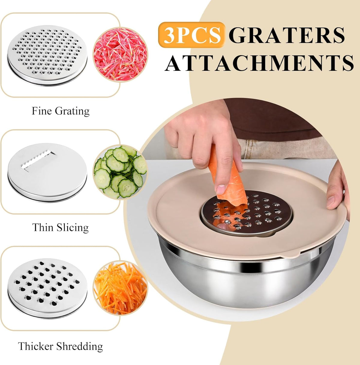 Mixing Bowls with Airtight Lids Set, Non-Slip Silicone Bottoms, Khaki