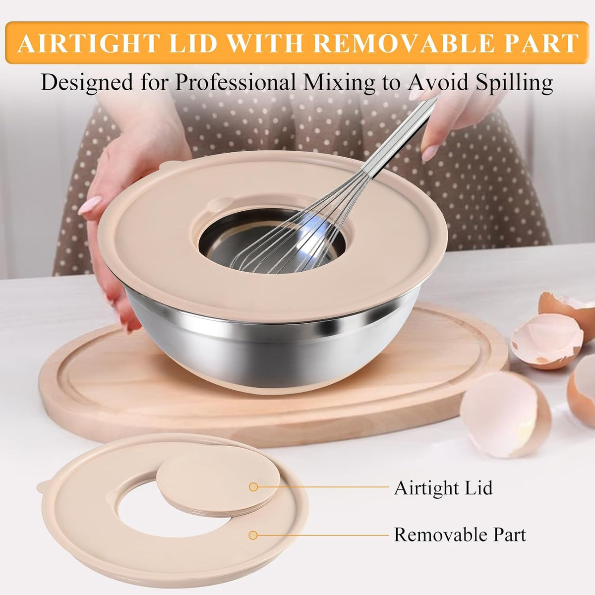Mixing Bowls with Airtight Lids Set, Non-Slip Silicone Bottoms, Khaki