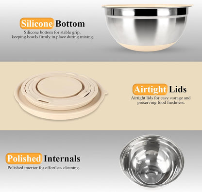 Mixing Bowls with Airtight Lids Set, Non-Slip Silicone Bottoms, Khaki