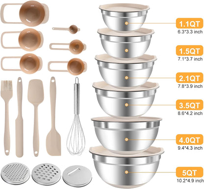Mixing Bowls with Airtight Lids Set, Non-Slip Silicone Bottoms, Khaki