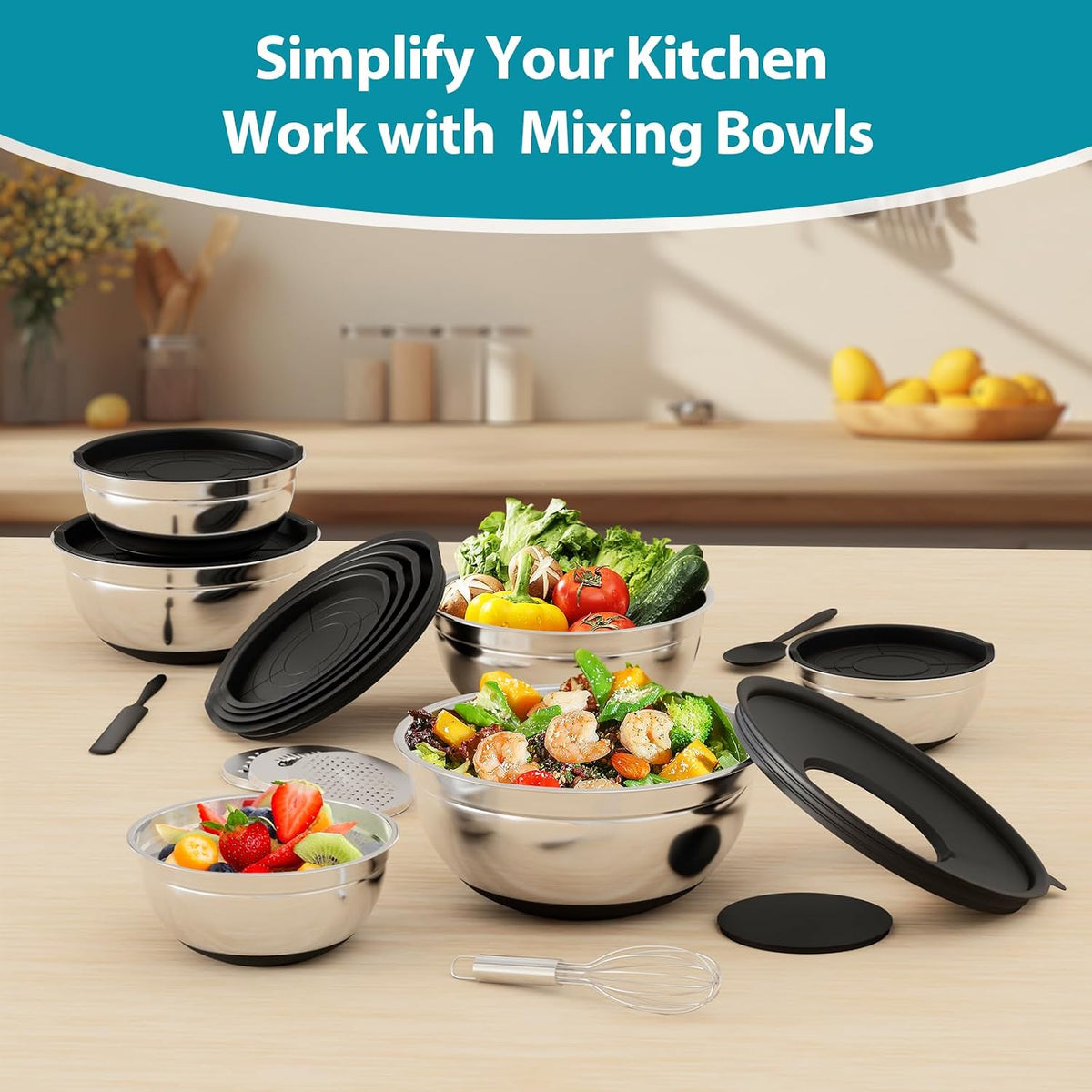 Mixing Bowls with Airtight Lids Set, Non-Slip Silicone Bottoms, Khaki