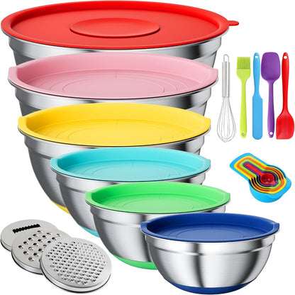 Mixing Bowls with Airtight Lids Set, Non-Slip Silicone Bottoms, Khaki