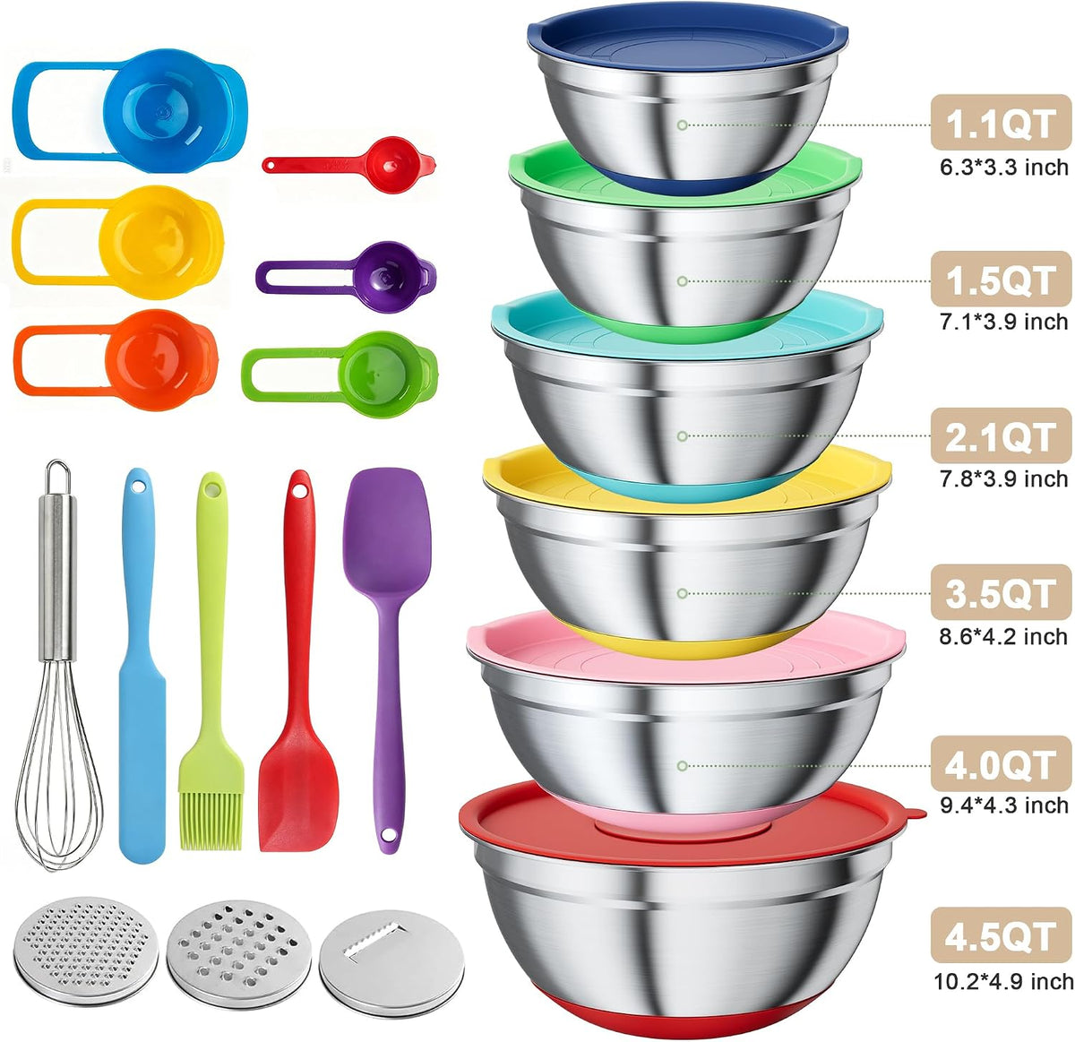 Mixing Bowls with Airtight Lids Set, Non-Slip Silicone Bottoms, Khaki