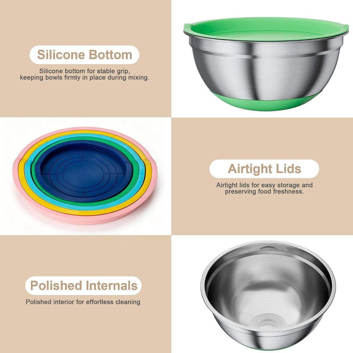 Mixing Bowls with Airtight Lids Set, Non-Slip Silicone Bottoms, Khaki