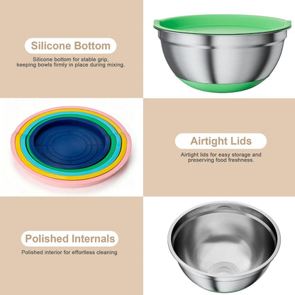 Mixing Bowls with Airtight Lids Set, Non-Slip Silicone Bottoms, Khaki