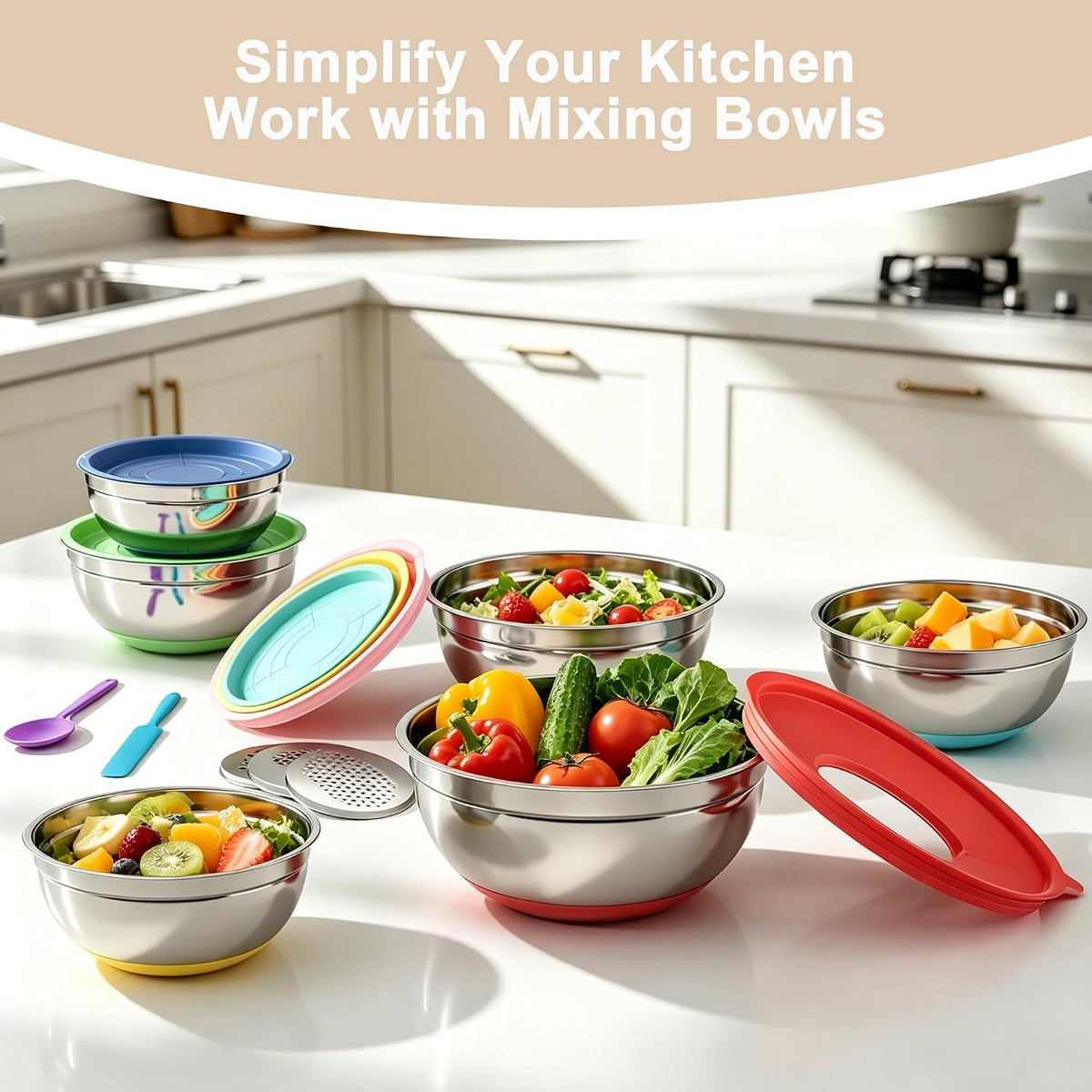Mixing Bowls with Airtight Lids Set, Non-Slip Silicone Bottoms, Khaki