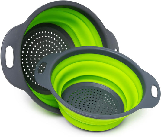 Set of 2 Collapsible Colander made of Silicone, Food-Grade, Perfect for Draining Pasta, Vegetables and Fruits (Green)
