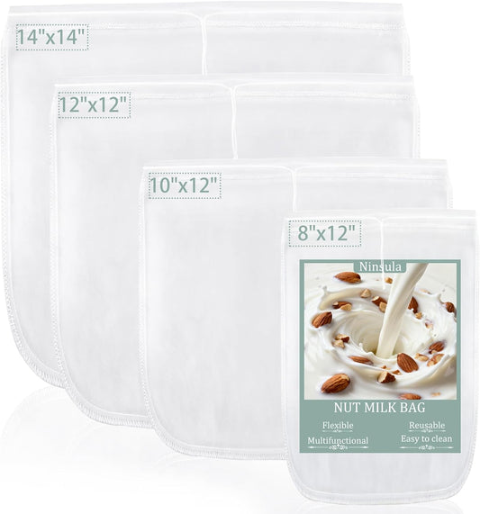 4PCS Nut Milk Bag, Food Grade Nylon Cheese Cloth Bag, Straining Reusable Fine Mesh Strainer for Tea, Yogurt, Juice, Cheese, Soup, Herbs, Vegetable Juice (8"x12"/14"x14"/10"x12"/12"x12")