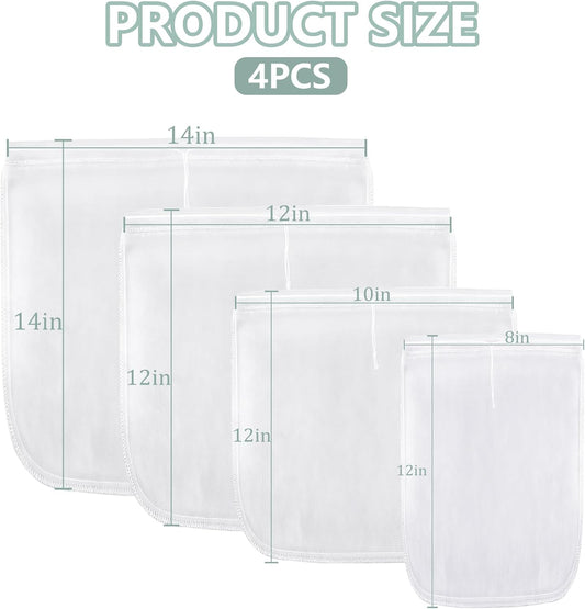 4PCS Nut Milk Bag, Food Grade Nylon Cheese Cloth Bag, Straining Reusable Fine Mesh Strainer for Tea, Yogurt, Juice, Cheese, Soup, Herbs, Vegetable Juice (8"x12"/14"x14"/10"x12"/12"x12")