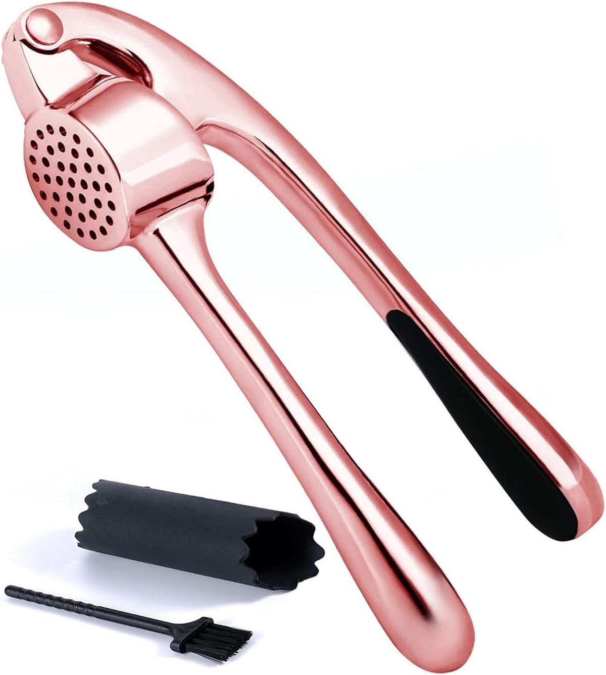 High Effective Premium Garlic Press Set, With Silicone Garlic Peeler & Brush, Heavy Duty Garlic Mincer, Easy to Squeeze and Clean, Rust Proof & Dishwasher Safe - Rose Gold