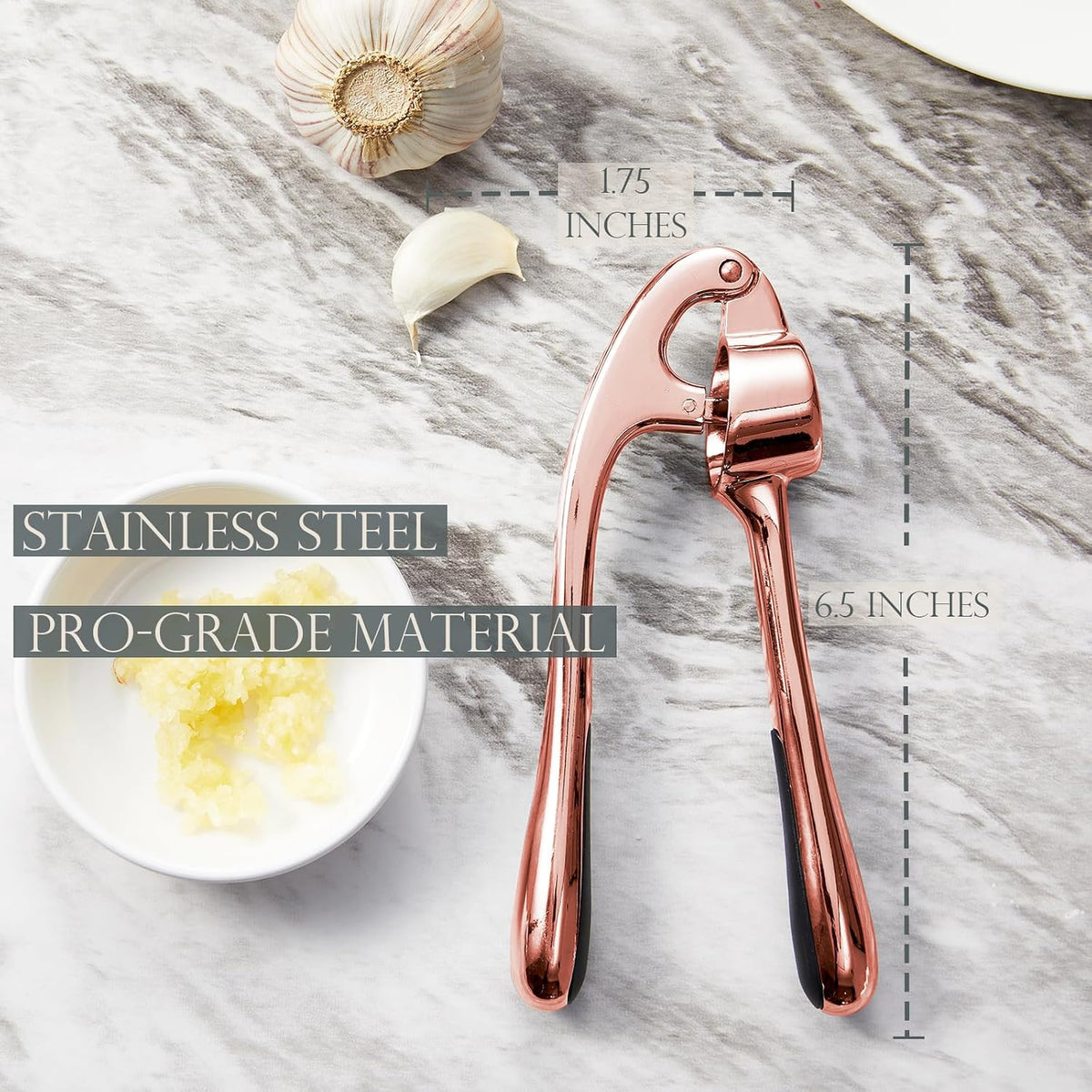 High Effective Premium Garlic Press Set, With Silicone Garlic Peeler & Brush, Heavy Duty Garlic Mincer, Easy to Squeeze and Clean, Rust Proof & Dishwasher Safe - Rose Gold