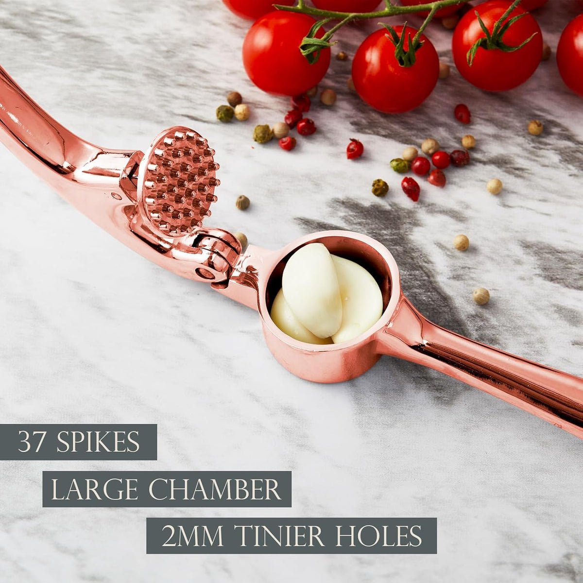 High Effective Premium Garlic Press Set, With Silicone Garlic Peeler & Brush, Heavy Duty Garlic Mincer, Easy to Squeeze and Clean, Rust Proof & Dishwasher Safe - Rose Gold