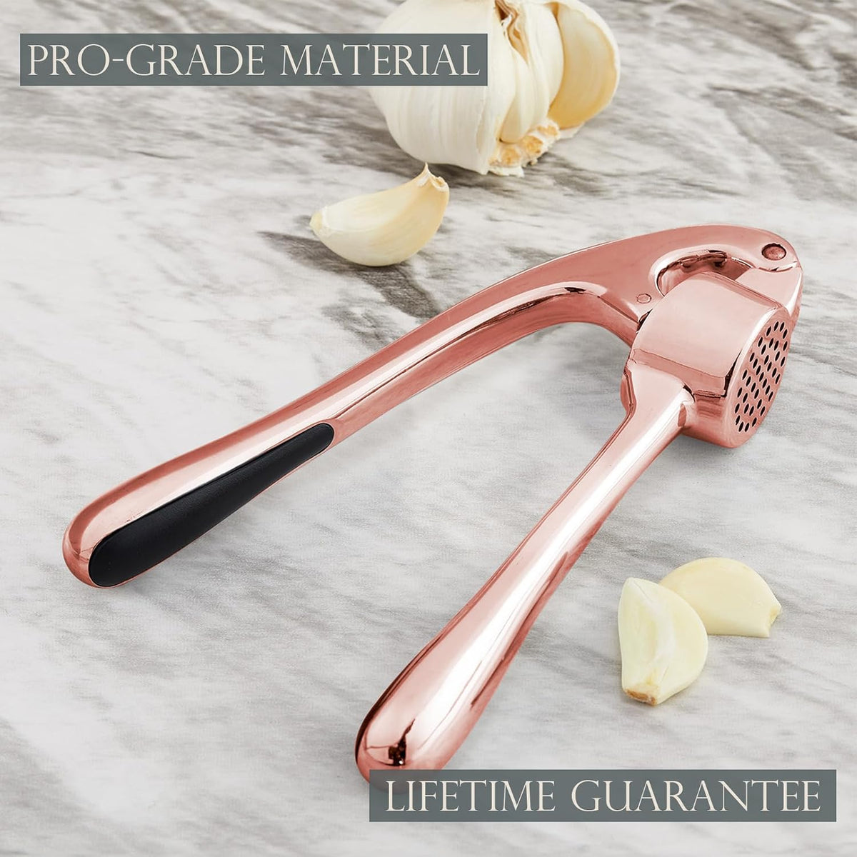 High Effective Premium Garlic Press Set, With Silicone Garlic Peeler & Brush, Heavy Duty Garlic Mincer, Easy to Squeeze and Clean, Rust Proof & Dishwasher Safe - Rose Gold