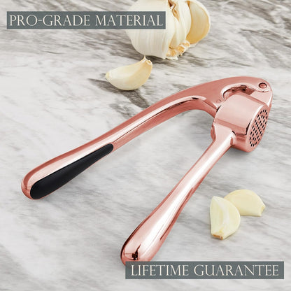 High Effective Premium Garlic Press Set, With Silicone Garlic Peeler & Brush, Heavy Duty Garlic Mincer, Easy to Squeeze and Clean, Rust Proof & Dishwasher Safe - Rose Gold