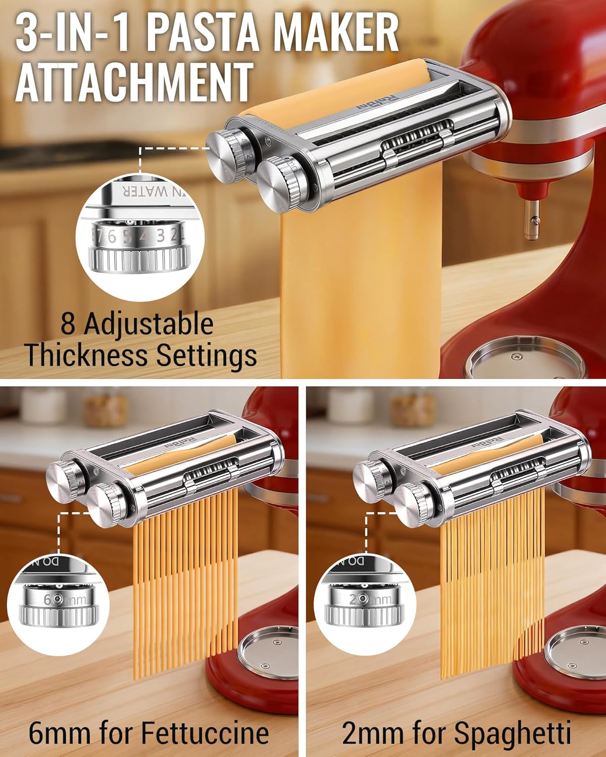 Pasta Maker Attachment for KitchenAid Mixer, 3-in-1 Metal Roller & Cutter | 3-in-1 for KitchenAid: Roller, spaghetti (2mm) & fettuccine (6mm) cutters in one sleek attachment — fresh pasta, zero clutter