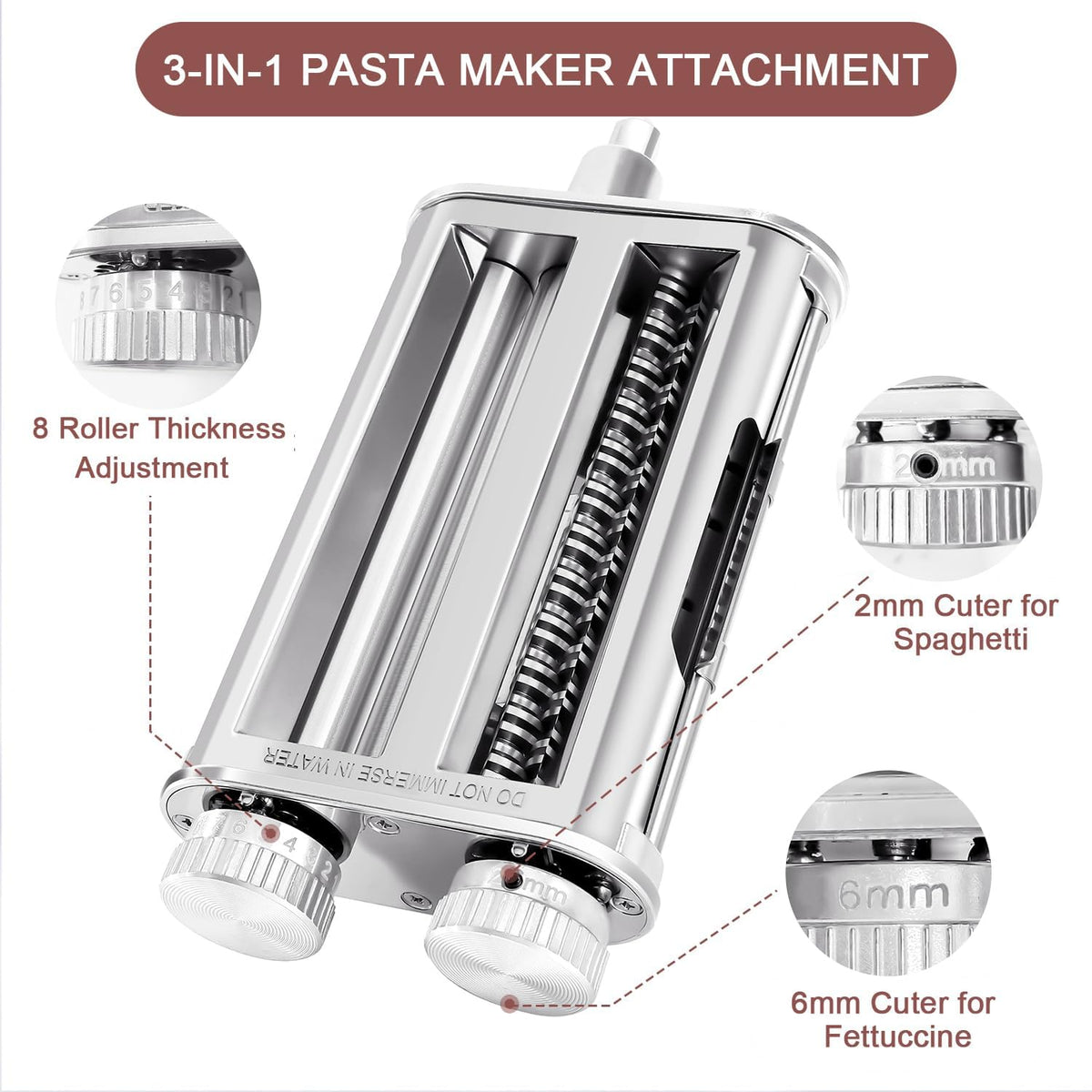 Pasta Maker Attachment for KitchenAid Mixer, 3-in-1 Metal Roller & Cutter | 3-in-1 for KitchenAid: Roller, spaghetti (2mm) & fettuccine (6mm) cutters in one sleek attachment — fresh pasta, zero clutter