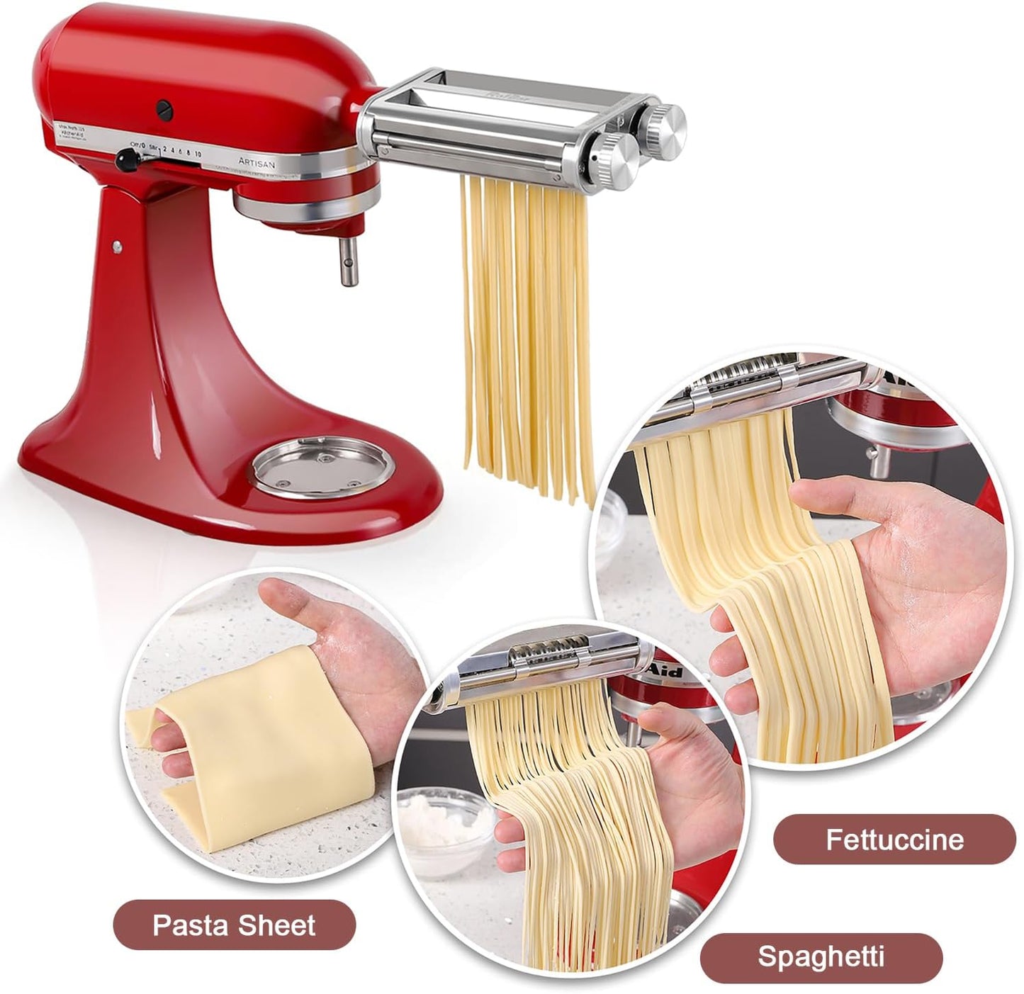 Pasta Maker Attachment for KitchenAid Mixer, 3-in-1 Metal Roller & Cutter | 3-in-1 for KitchenAid: Roller, spaghetti (2mm) & fettuccine (6mm) cutters in one sleek attachment — fresh pasta, zero clutter